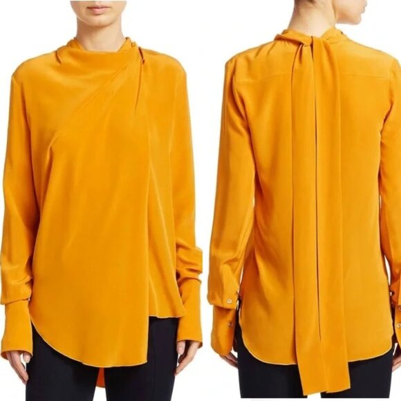 New A.L.C. Sophie 100% Silk Draped Tied Neck Yellow Blouse Sz 0 - 4 - Picture 2 of 16
